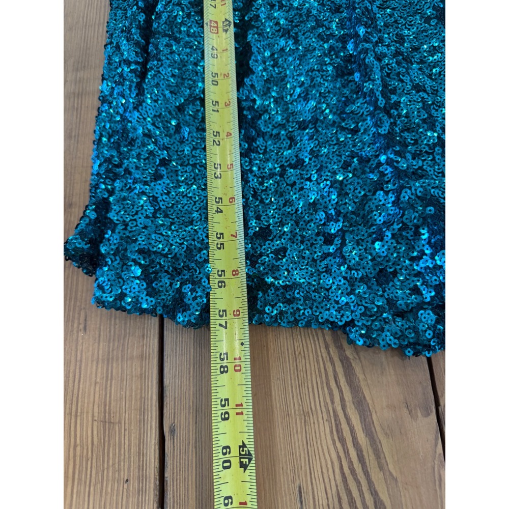 Morgan & Co Teal Sequin Mesh Corset Maxi Dress Formal Prom Gown Side Slit Size 5 - Picture 9 of 10